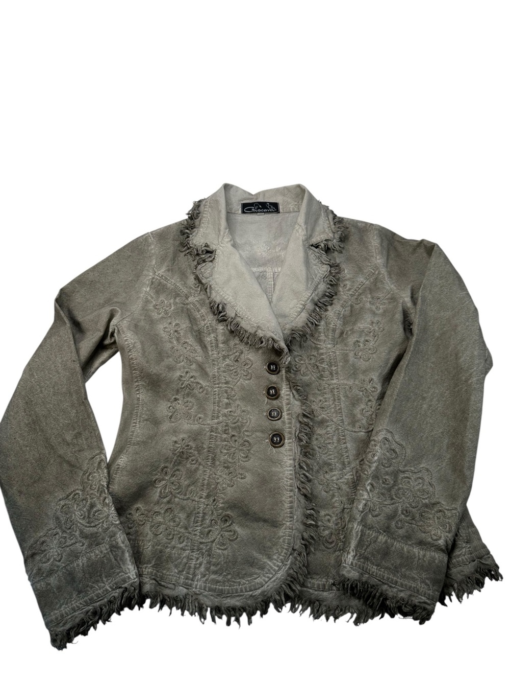 Giocam Gray Embroidered Cotton Blazer Fringe Jacket Boho Western Artisan Folk M